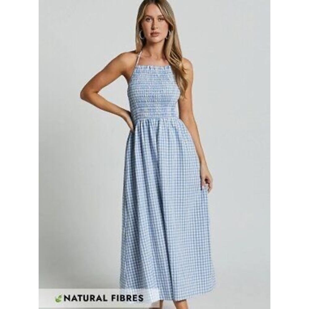 Showpo Blue Gingham Cotton Smocked Halter Neck Picnic Summer Maxi Dress Size 8